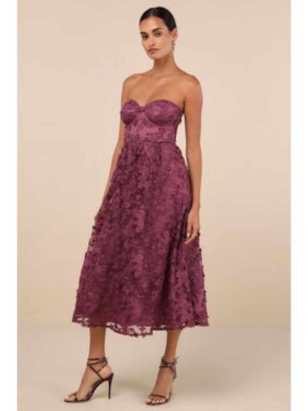 Lulu's Quite Perfect Purple Floral Embroidered Strapless Midi Dress